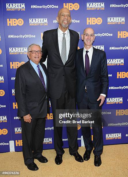 Commissioner Adam Silver, Kareem Abdul Jabbar and David Stern attend the "Kareem: Minority Of One" New York Premiere at Time Warner Center on October...