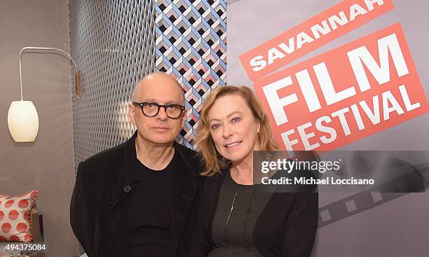 Composer David Lang and President of Fox Searchlight Pictures Nancy Utley pose for a photo together prior to the screening of Youth at Trustees...