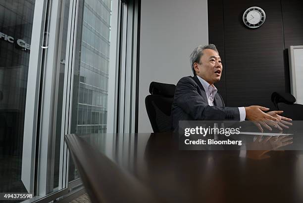 Kazuhiko Toyama, chief executive officer of Industrial Growth Platform Inc., speaks during an interview in Tokyo, Japan, on Wednesday, Sept. 9, 2015....