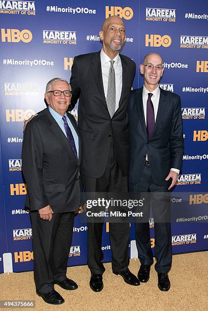 Former NBA commissioner David Stern, former professional basketball player Kareem Abdul-Jabbar, and NBA commissioner Adam Silver attend the "Kareem:...