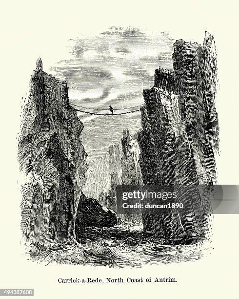 stockillustraties, clipart, cartoons en iconen met carrick-a-rede rope bridge county antrim, northern ireland - touwbrug