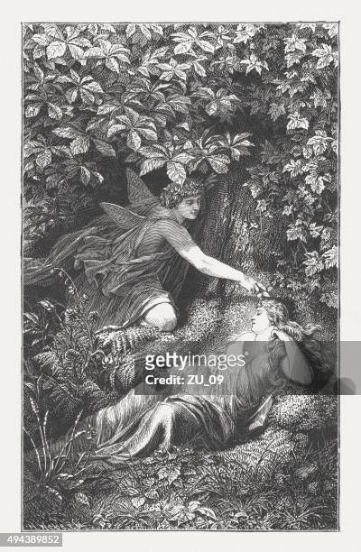 stockillustraties, clipart, cartoons en iconen met midsummer night's dream by william shakespeare, wood engraving, published 1874 - midsummer night dream