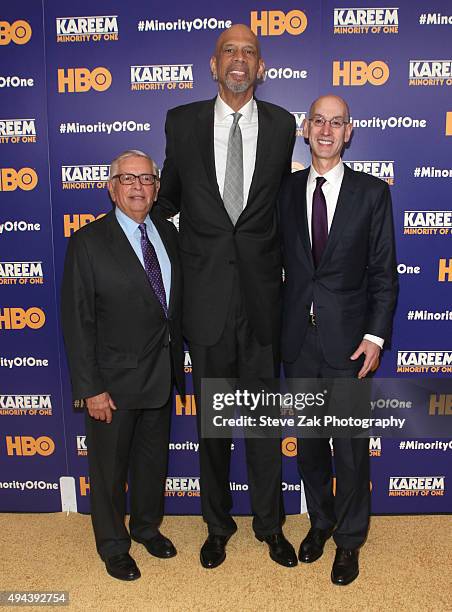 Adam Silver, Kareem Abdul Jabbar and David Stern attend "Kareem: Minority Of One" New York Premiere at Time Warner Center on October 26, 2015 in New...