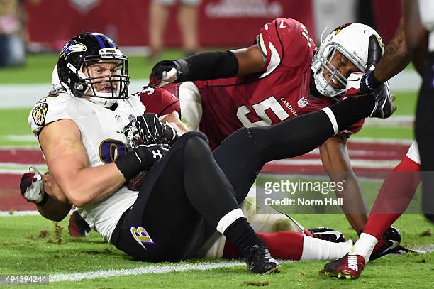 Tight end Nick Boyle of the Baltimore Ravens scores on a two point conversation attempt in the fourth quarter against the Arizona Cardinals at...