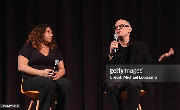 Composer David Lang speaks on stage with Malina Saval of Variety during a Q&A for Youth at Trustees Theatre during Day Three of the 18th Annual...