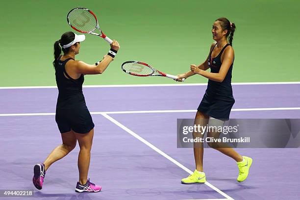 Hao-Ching Chan of Chinese Taipei and Yung-Jan Chan of Chinese Taipei celebrate match point in their round robin match against Bethanie Mattek-Sands...