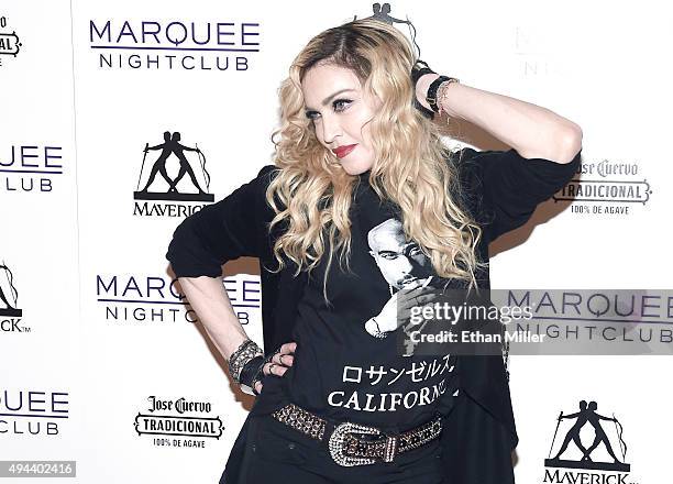 Singer Madonna arrives at the Marquee Nightclub at The Cosmopolitan of Las Vegas to host an after party for her Rebel Heart Tour concert stop on...