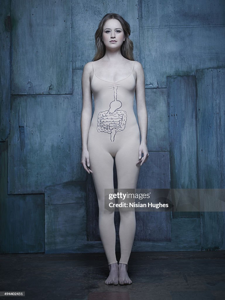 Woman in body suit with intestine illustration