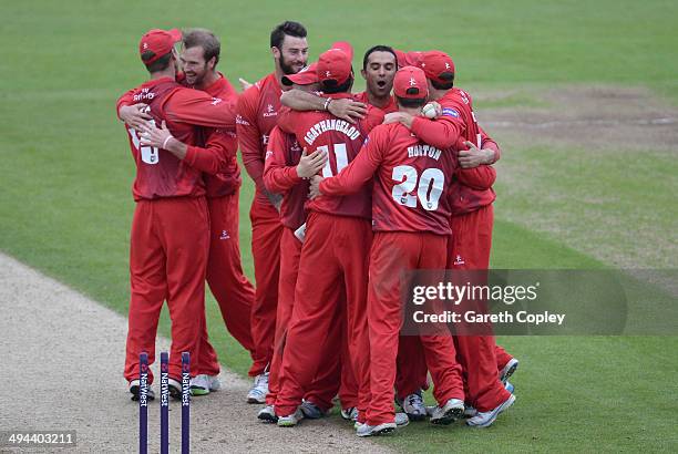 Lancashire celebrate winning the Natwest T20 Blast match between Durham Jets and Lancashire Lighting at The Riverside on May 29, 2014 in...