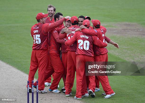 Lancashire celebrate winning the Natwest T20 Blast match between Durham Jets and Lancashire Lighting at The Riverside on May 29, 2014 in...