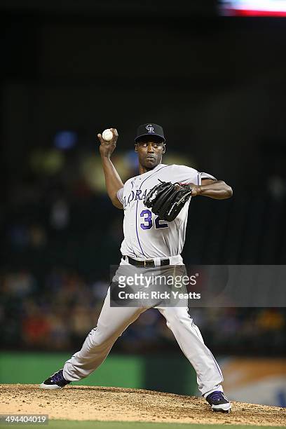 LaTroy Hawkins of the Colorado Rockies throws in the ninth inning against the Texas Rangers at Globe Life Park in Arlington on May 7, 2014 in...