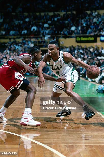 David Wesley of the Boston Celtics dribbles the ball against BJ Armstrong of the Chicago Bulls during a game played in 1995 at the Boston Garden in...