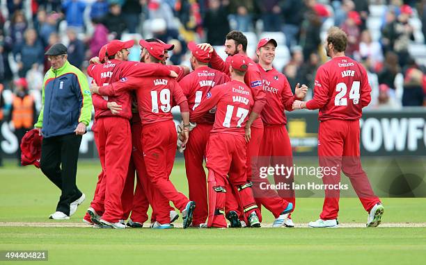 Lancashire Lightning players celebrate winning the game by one run during The Natwest T20 Blast match between Durham Jets and Lancashire Lightning at...