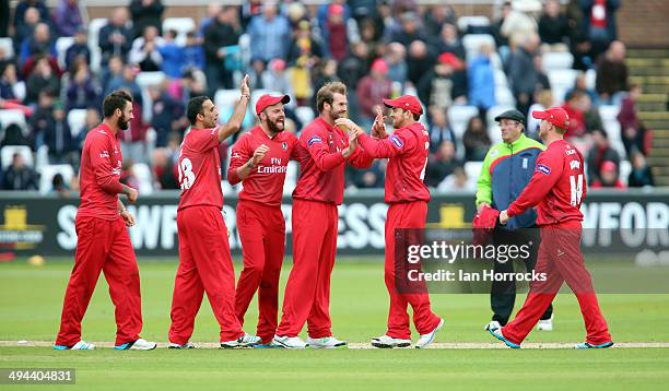 Lancashire Lightning players celebrate winning the game by one run during The Natwest T20 Blast match between Durham Jets and Lancashire Lightning at...