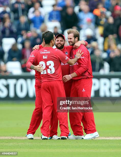 Lancashire Lightning players celebrate winning the game by one run during The Natwest T20 Blast match between Durham Jets and Lancashire Lightning at...