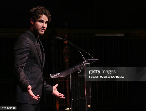 Darren Criss performing at the Dramatists Guild Fund's Gala: 'Great Writers Thank Their Lucky Stars' at Gotham Hall on October 26, 2015 in New York...