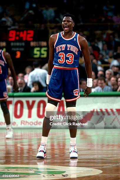 Patrick Ewing of the New York Knicks celebrates during a game against the Boston Celtics circa 1992 at the Boston Garden in Boston, Massachusetts....