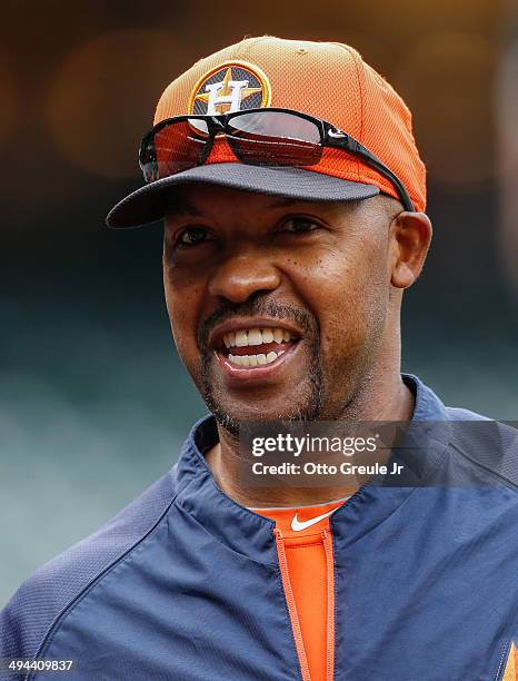 Manager Bo Porter of the Houston Astros looks on during batting practice prior to the game against the Seattle Mariners at Safeco Field on May 22,...