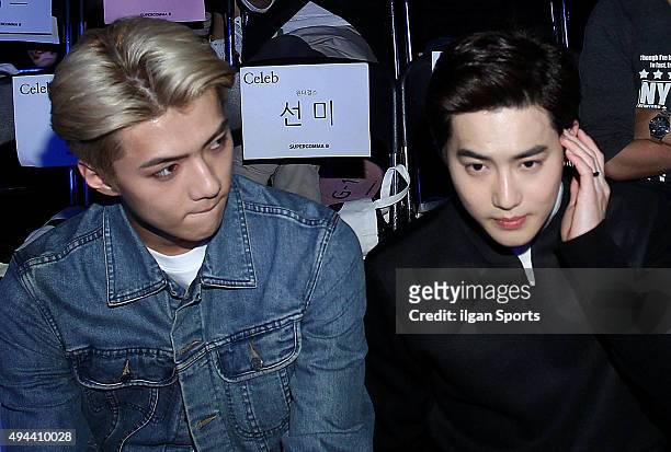 Sehun and Suho of Exo attend the 2016 Hera Seoul Fashion Week - Supercomma B collection at DDP on October 19, 2015 in Seoul, South Korea.