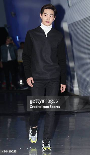 Suho of Exo attends the 2016 Hera Seoul Fashion Week - Supercomma B collection at DDP on October 19, 2015 in Seoul, South Korea.