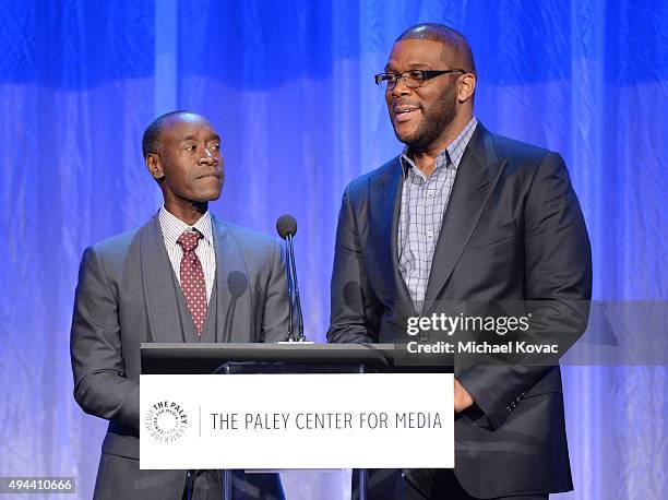 Actors Don Cheadle and Tyler Perry present onstage at the Paley Center For Media's Hollywood Tribute To African-American Achievements in Television,...