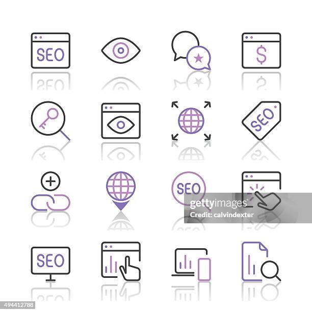 illustrations, cliparts, dessins animés et icônes de optimisation des moteurs de recherche icônes set 4 (ligne violette series - responsives webdesign