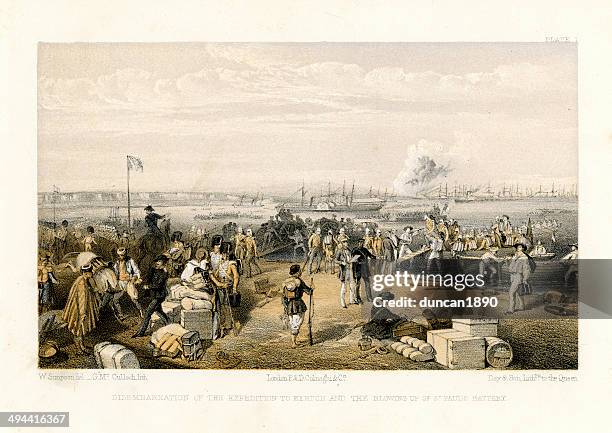crimean war - disembarkation to kertch - crimean war stock illustrations