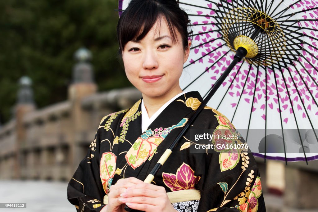 日本の女性、着物と、傘カメラ目線