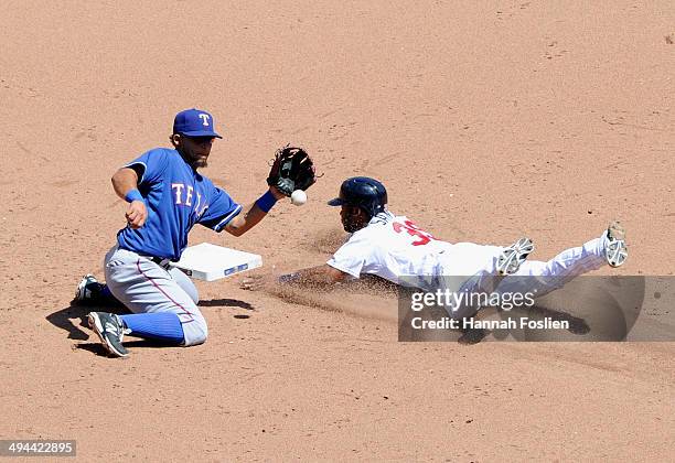 Danny Santana of the Minnesota Twins steals second base as Rougned Odor of the Texas Rangers fields the ball during the sixth inning of the game on...