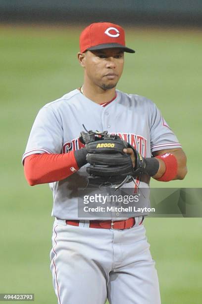 Ramon Santiago of the Cincinnati Reds looks on during the game against the Washington Nationals on May 20, 2014 at Nationals Park in Washington, DC....