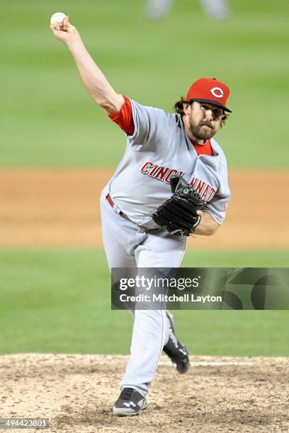 Sam LeCure of the Cincinnati Reds pitches during the game against the Washington Nationals on May 20, 2014 at Nationals Park in Washington, DC. The...