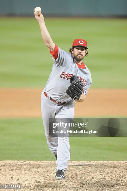 Sam LeCure of the Cincinnati Reds pitches during the game against the Washington Nationals on May 20, 2014 at Nationals Park in Washington, DC. The...