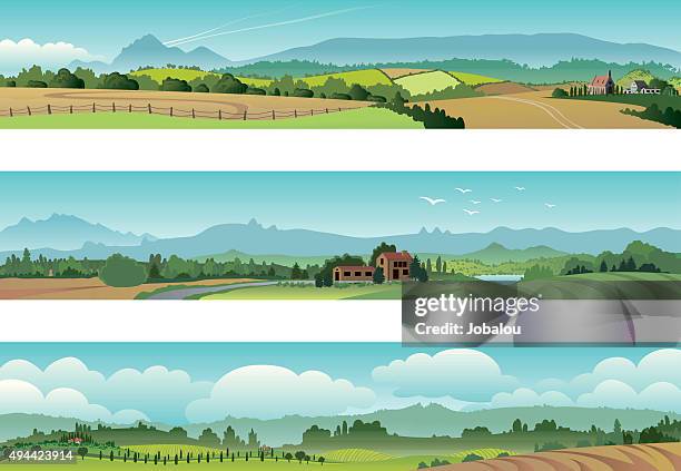 ilustraciones, imágenes clip art, dibujos animados e iconos de stock de paisaje de escena rural - panoramica