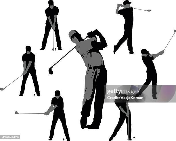 ilustraciones, imágenes clip art, dibujos animados e iconos de stock de conjunto de siluetas de golf de siete - columpiarse