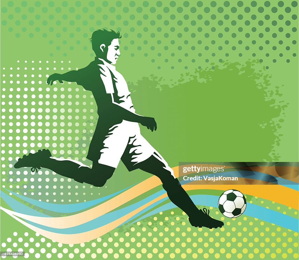 Fußballspieler mit Ball auf grünem Hintergrund