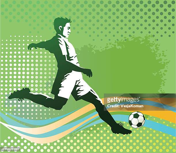 fußballspieler mit ball auf grünem hintergrund - midfielder soccer player stock-grafiken, -clipart, -cartoons und -symbole