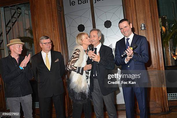 Fabrice Bousteau, Philippe Savinel, Colette Barbier, Bernard Blistene and Alexandre Ricard attend 'Le Bal Jaune 2015' Dinner Party At Hotel Salomon...