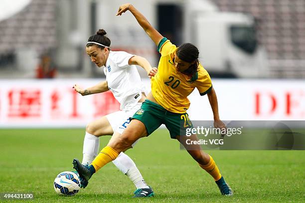 Lucy Bronze of England and Samantha Kerr of Australia compete for the ball in the match between England and Australia during the 2015 Yongchuan...