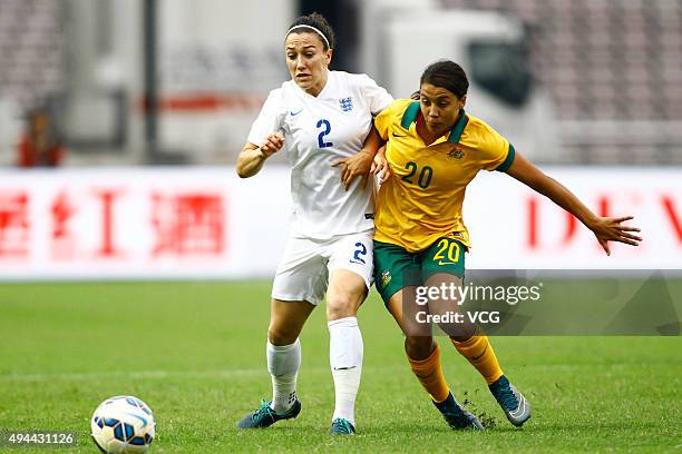 Lucy Bronze of England and Samantha Kerr of Australia compete for the ball in the match between England and Australia during the 2015 Yongchuan...