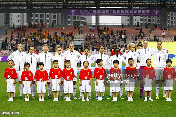 Players of England line up prior to the match between England and Australia during the 2015 Yongchuan Women's Football International Matches at...