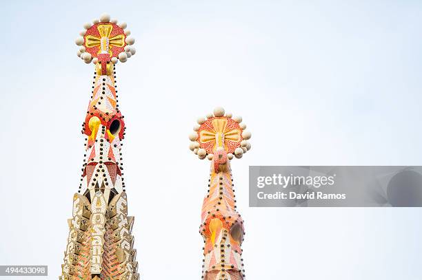 Detail of the top of two of the towers of 'La Sagrada Familia' is seen on October 26, 2015 in Barcelona, Spain. 'La Sagrada Familia' Foundation...