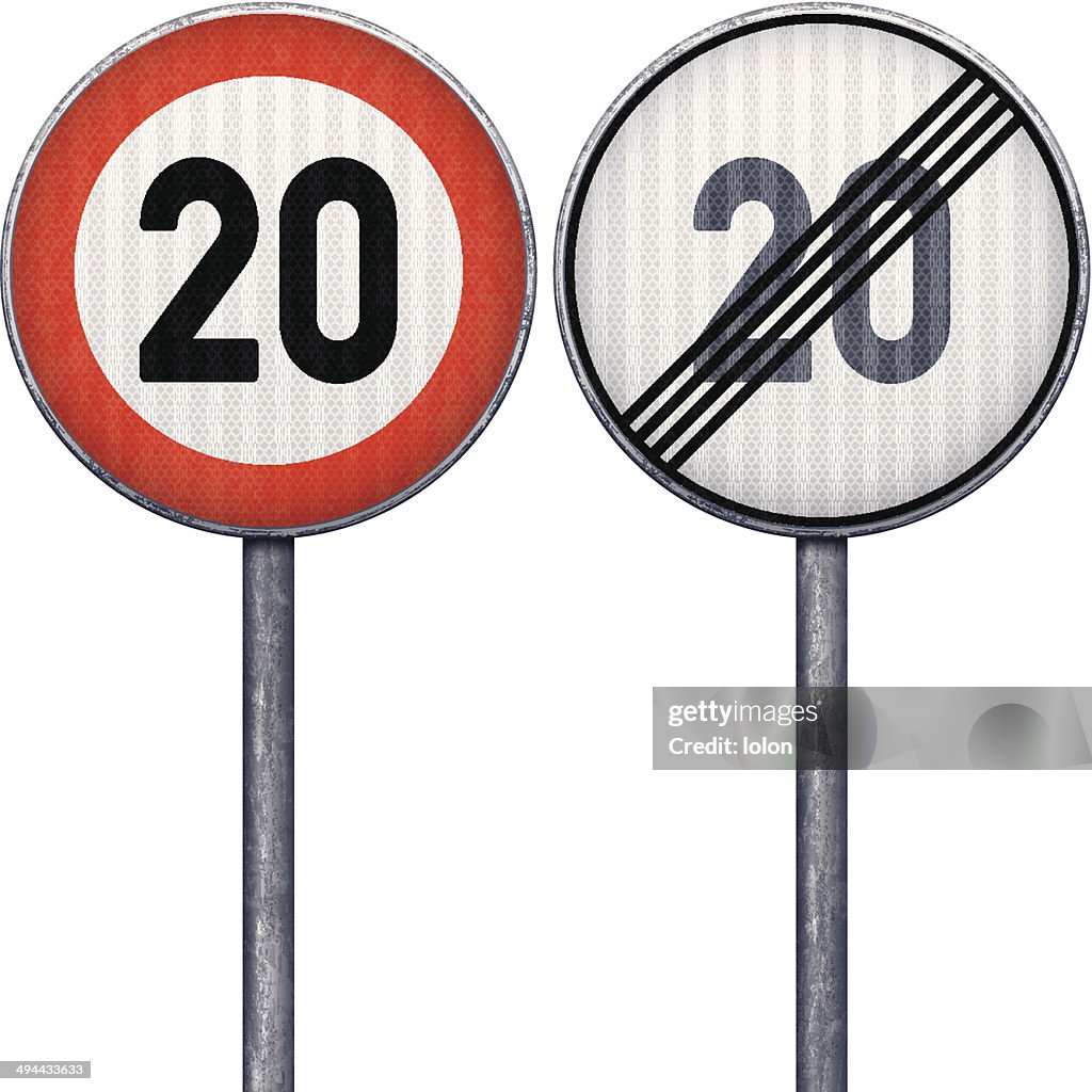 Two red and white maximum speed limit 20 road signs