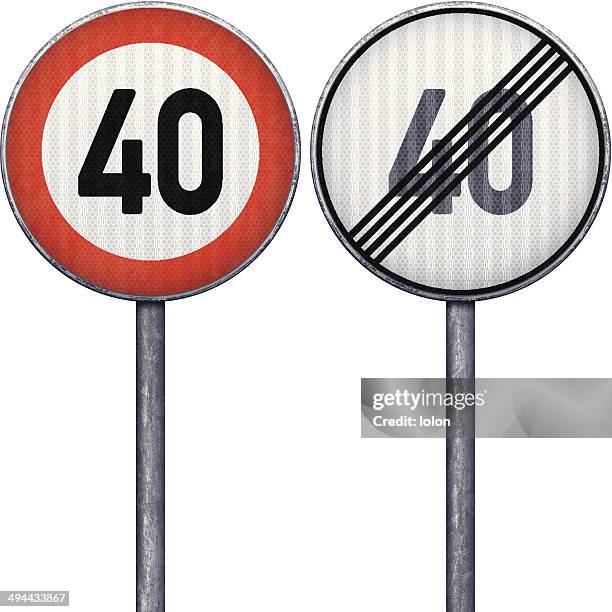 two red and white maximum speed limit 40 road signs - driver front view stock illustrations