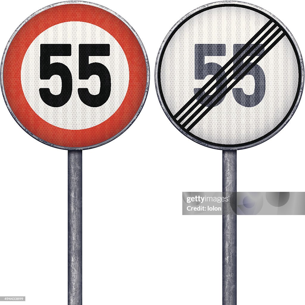 Two red and white maximum speed limit 55 road signs