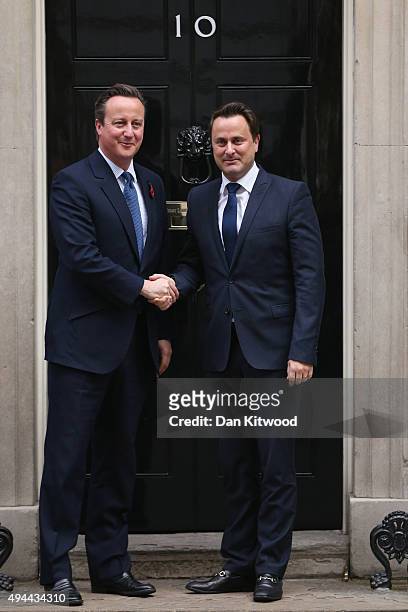 British Prime Minister David Cameron greets Luxembourg's Prime Minister Xavier Bettel to 10 Downing Street on October 27, 2015 in London, England....