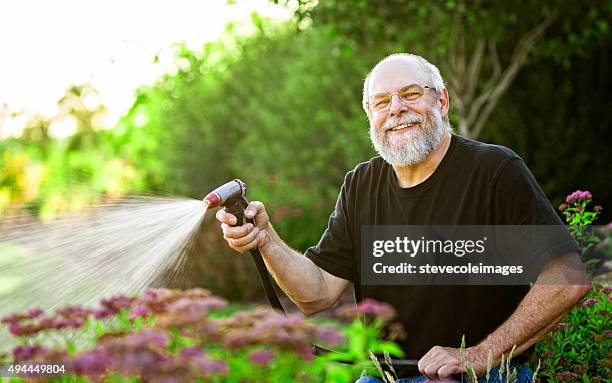 mature man watering plants - formal garden stock pictures, royalty-free photos & images