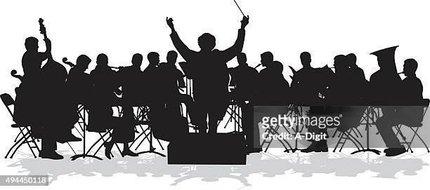 symphonic orchestra silhouette - brass instrument stock illustrations