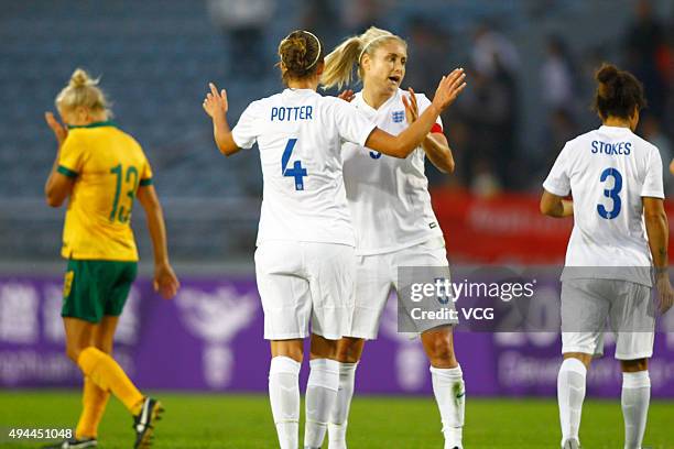 Players of England celebrate after the match between England and Australia during the 2015 Yongchuan Women's Football International Matches at...