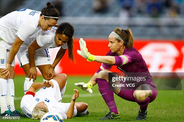 Stephanie Houghton of England goes down during the match between England and Australia during the 2015 Yongchuan Women's Football International...