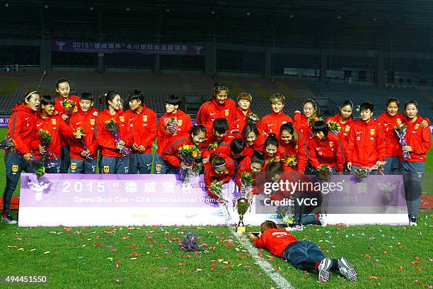 China wins the first place in the 2015 Yongchuan Women's Football International Matches at Yongchuan Sports Center on October 27, 2015 in Yongchuan,...